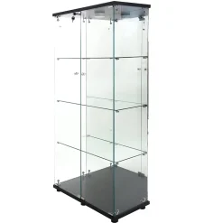 Vitrine en verre avec 4 étagères, vitrine à 2 portes avec lumière et serrure, noir