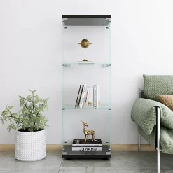 Vitrine en verre avec 3 étagères, Vitrine à une porte pour salon, chambre, bureau, bibliothèque en verre sur pied, Noir
