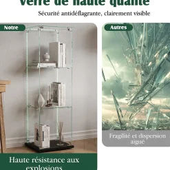 Vitrine En Verre Avec Bande Lumineuse LED, Avec 3 Étagères Et Portes, 123x40x35 Cm, Noir