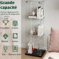 Vitrine En Verre Avec Bande Lumineuse LED, Avec 3 Étagères Et Portes, 123x40x35 Cm, Noir