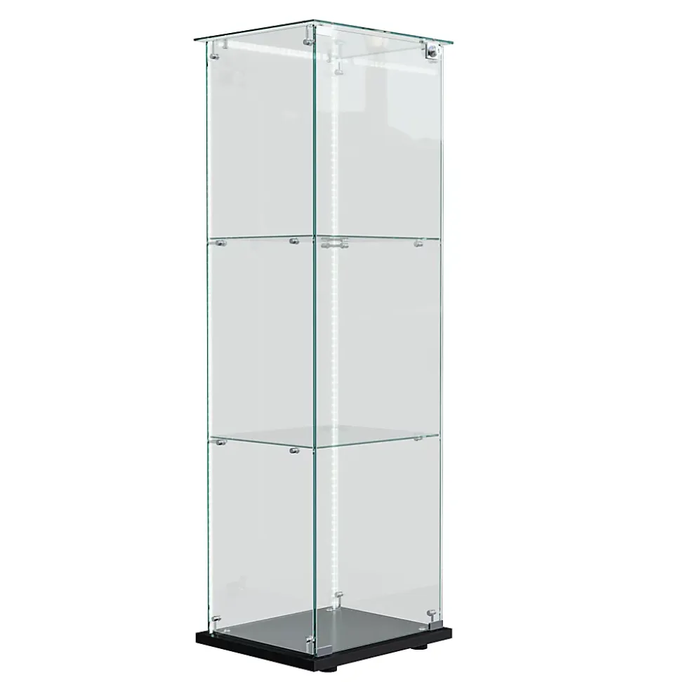 Vitrine En Verre Avec Bande Lumineuse LED, Avec 3 Étagères Et Portes, 123x40x35 Cm, Noir