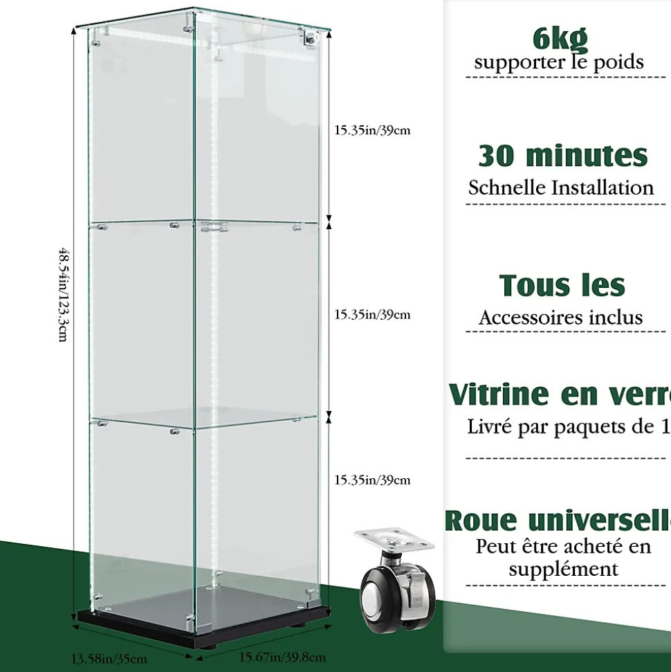 Vitrine En Verre Avec Bande Lumineuse LED, Avec 3 Étagères Et Portes, 123x40x35 Cm, Noir
