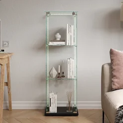 Vitrine En Verre Avec Bande Lumineuse LED, Avec 3 Étagères Et Portes, 123x40x35 Cm, Noir