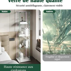 Vitrine En Verre Avec Bande Lumineuse LED, Avec 4 Étagères Et Portes, 163x40x35 Cm,blanc