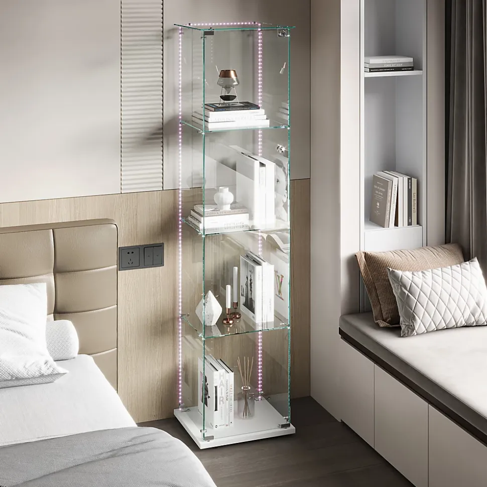 Vitrine En Verre Avec Bande Lumineuse LED, Avec 4 Étagères Et Portes, 163x40x35 Cm,blanc