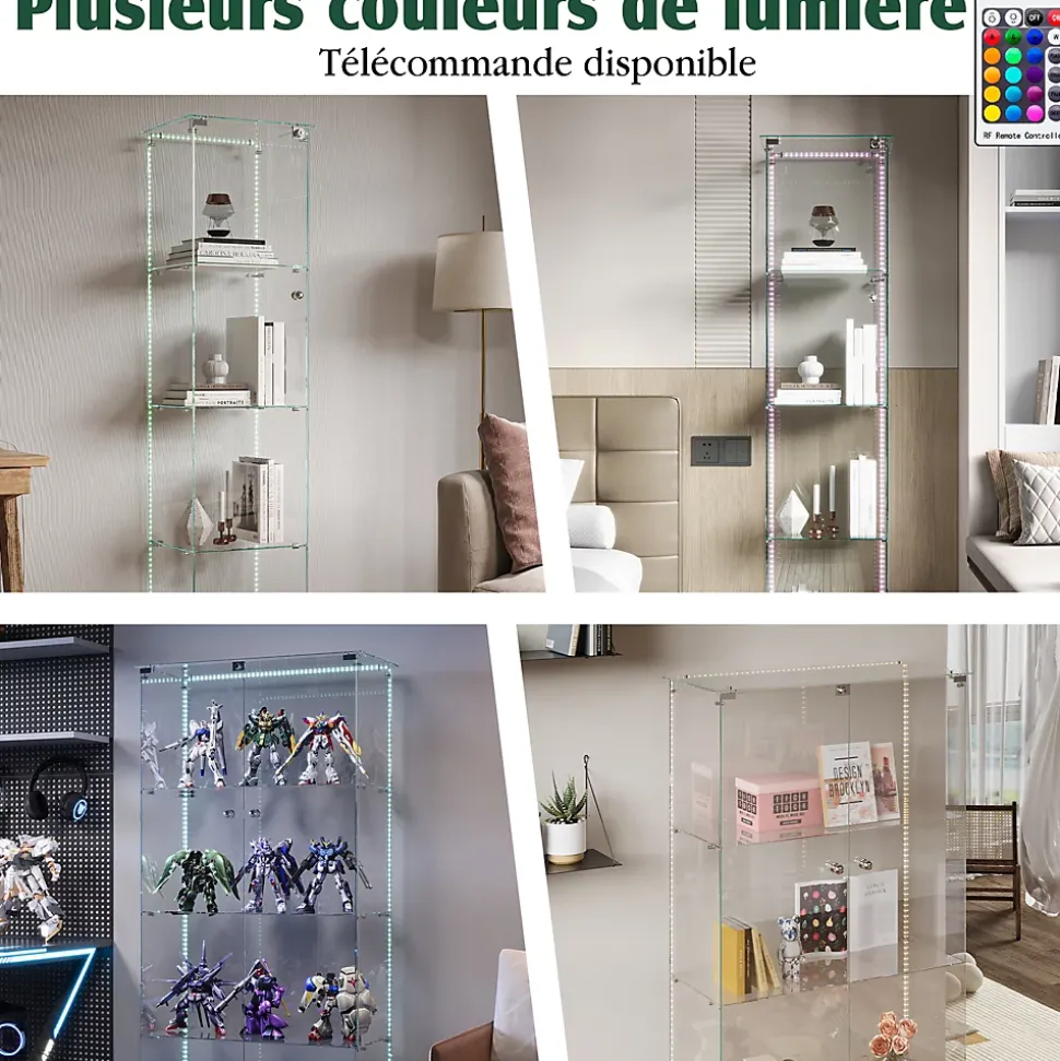 Vitrine En Verre Avec Bande Lumineuse LED, Avec 4 Étagères Et Portes, 163x40x35 Cm,blanc