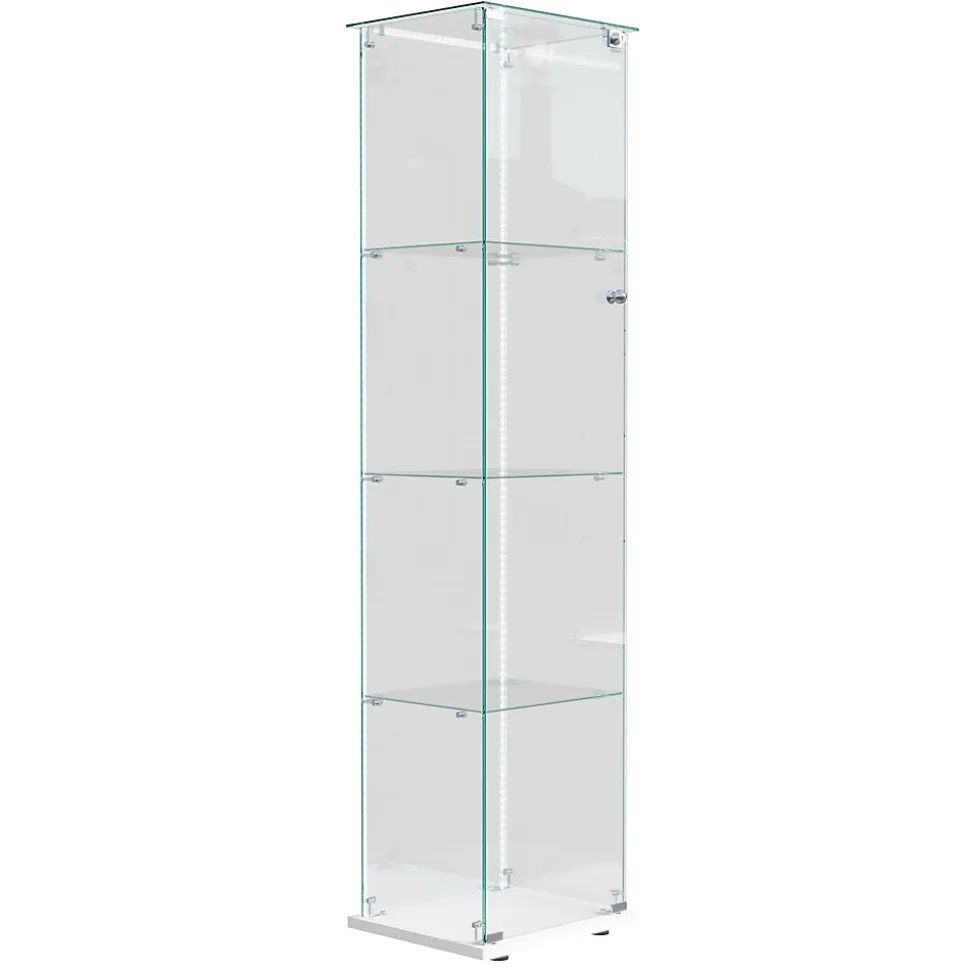 Vitrine En Verre Avec Bande Lumineuse LED, Avec 4 Étagères Et Portes, 163x40x35 Cm,blanc