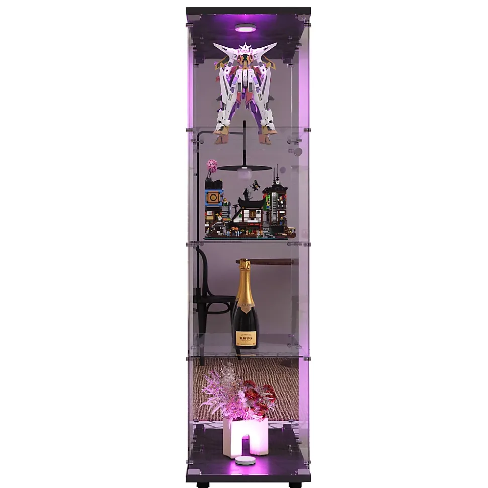 Vitrine En Verre Avec LED Et Miroir, Avec 1 Porte Et 4 Étagères, Pour Salon, Noir