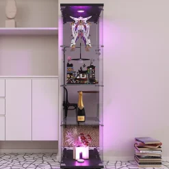 Vitrine En Verre Avec LED Et Miroir, Avec 1 Porte Et 4 Étagères, Pour Salon, Noir