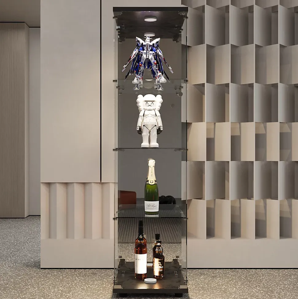 Vitrine En Verre Avec LED Et Miroir, Avec 1 Porte Et 4 Étagères, Pour Salon, Noir