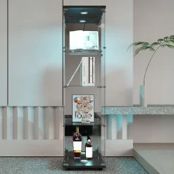 Vitrine En Verre Avec LED Et Miroir, Avec 1 Porte Et 4 Étagères, Pour Salon, Noir