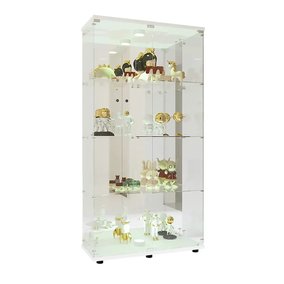 Vitrine En Verre Avec Miroir Et Éclairage LED,2 Portes,4 Étagères,convient Pour Bureau, Salon,blanc