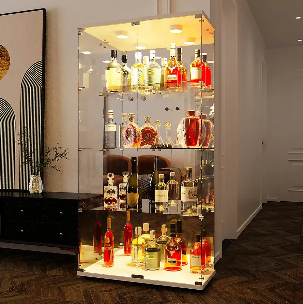 Vitrine En Verre Avec Miroir Et Éclairage LED,2 Portes,4 Étagères,convient Pour Bureau, Salon,blanc