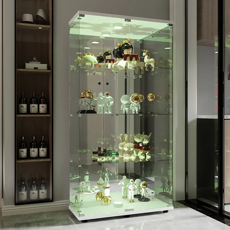 Vitrine En Verre Avec Miroir Et Éclairage LED,2 Portes,4 Étagères,convient Pour Bureau, Salon,blanc