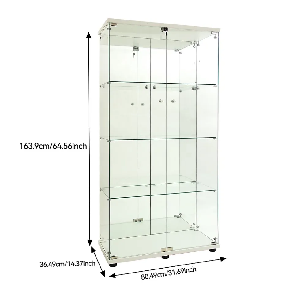 Vitrine En Verre Avec Miroir Et Éclairage LED,2 Portes,4 Étagères,convient Pour Bureau, Salon,blanc
