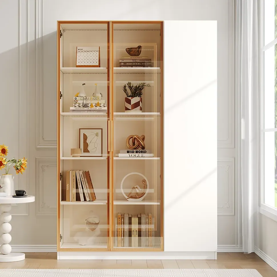Vitrine en verre de 165 cm de haut - Éclairage LED - 3 portes - Étagères réglables - MDF + Panneaux de particules - Blanc