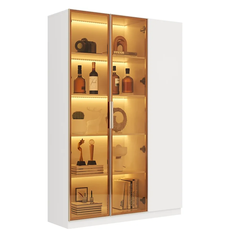 Vitrine en verre de 165 cm de haut - Éclairage LED - 3 portes - Étagères réglables - MDF + Panneaux de particules - Blanc