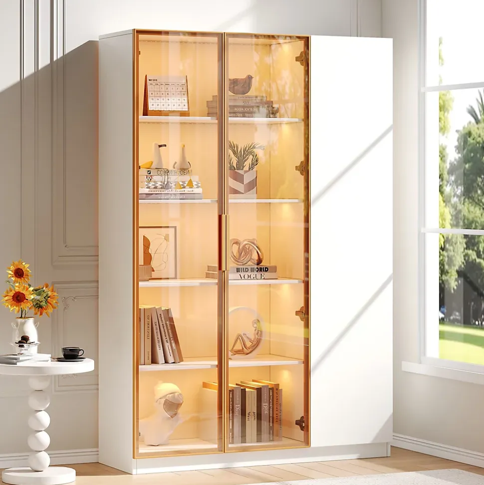 Vitrine en verre de 165 cm de haut - Éclairage LED - 3 portes - Étagères réglables - MDF + Panneaux de particules - Blanc