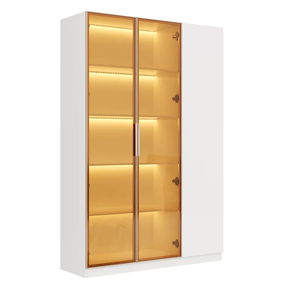 Vitrine en verre de 165 cm de haut - Éclairage LED - 3 portes - Étagères réglables - MDF + Panneaux de particules - Blanc