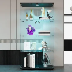 Vitrine en verre, LED, 4 couches, 2 portes, 80,5x36,5x164cm, pour salon, chambre à coucher, bureau, Noir