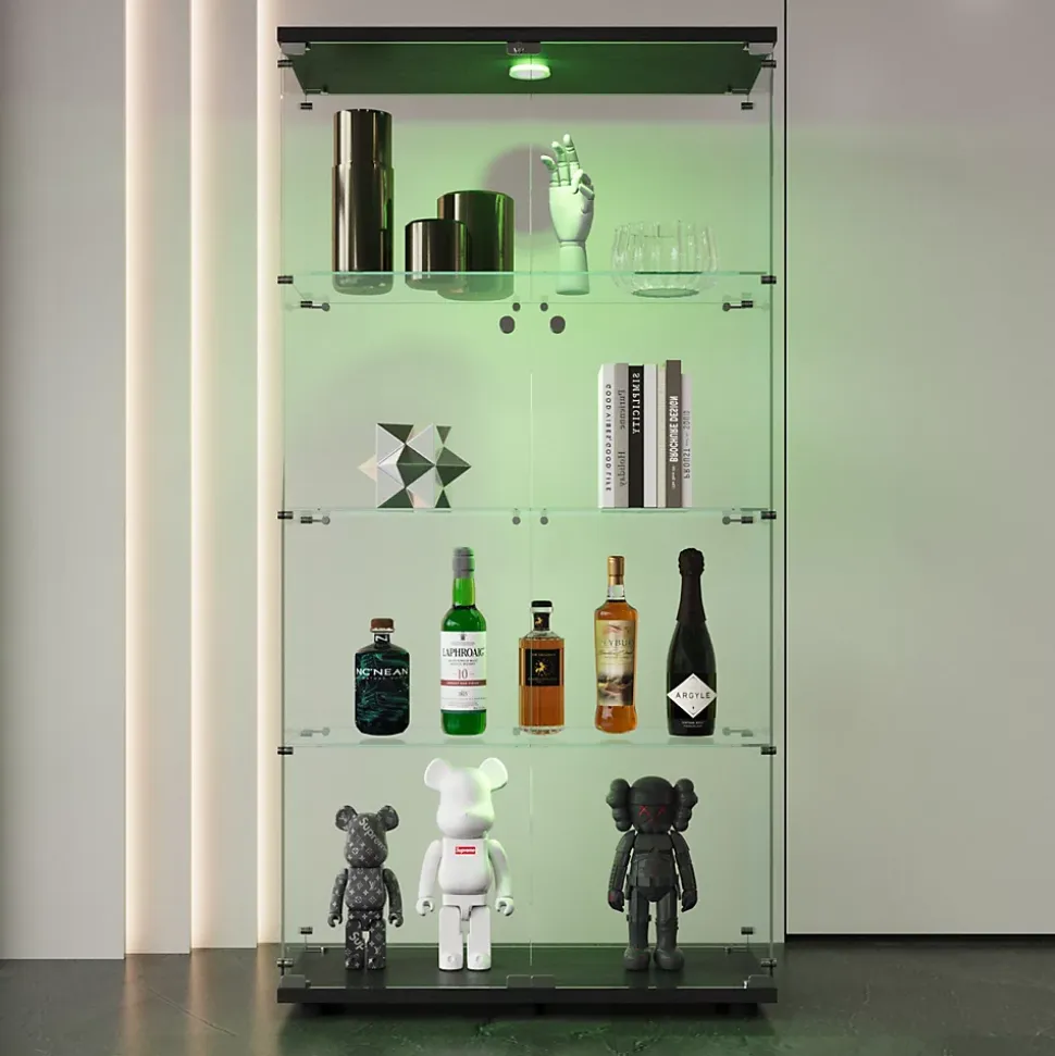 Vitrine en verre, LED, 4 couches, 2 portes, 80,5x36,5x164cm, pour salon, chambre à coucher, bureau, Noir