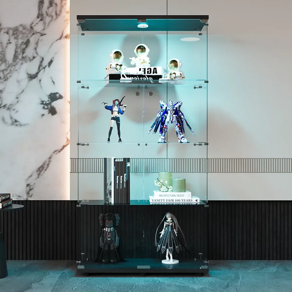 Vitrine en verre, LED, 4 couches, 2 portes, 80,5x36,5x164cm, pour salon, chambre à coucher, bureau, Noir