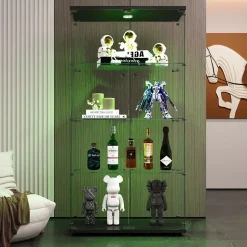 Vitrine en verre, LED, 4 couches, 2 portes, 80,5x36,5x164cm, pour salon, chambre à coucher, bureau, Noir