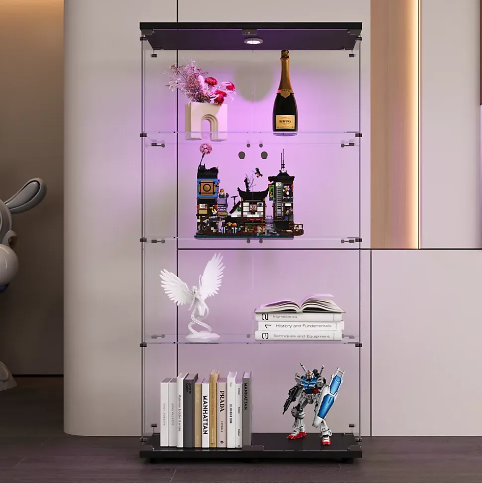 Vitrine en verre, LED, 4 couches, 2 portes, 80,5x36,5x164cm, pour salon, chambre à coucher, bureau, Noir