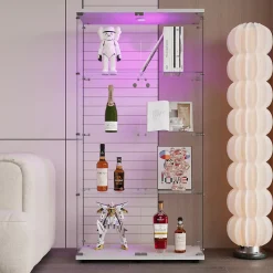 Vitrine en verre, LED, 4 couches, 2 portes, 80,5x36,5x164cm, pour salon, chambre à coucher, bureau, Blanc