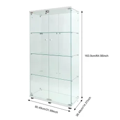 Vitrine en verre, LED, 4 couches, 2 portes, 80,5x36,5x164cm, pour salon, chambre à coucher, bureau, Blanc