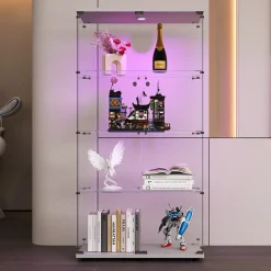 Vitrine en verre, LED, 4 couches, 2 portes, 80,5x36,5x164cm, pour salon, chambre à coucher, bureau, Blanc