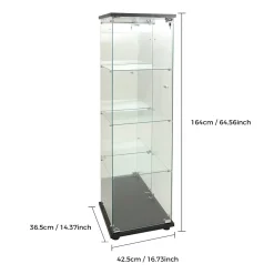 Vitrine en verre, LED, miroir arrière, 4 couches, 1 porte, 42x36x164cm, salon, chambre à coucher, bureau, Noir