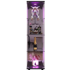 Vitrine en verre, LED, miroir arrière, 4 couches, 1 porte, 42x36x164cm, salon, chambre à coucher, bureau, Noir