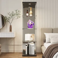 Vitrine en verre, LED, miroir arrière, 4 couches, 1 porte, 42x36x164cm, salon, chambre à coucher, bureau, Noir