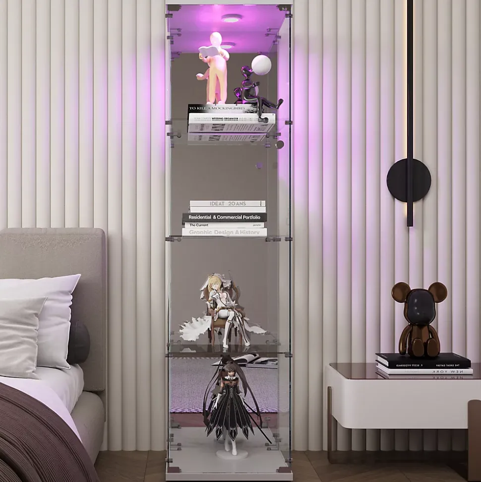 Vitrine en verre, LED, miroir arrière, 4 couches, 1 porte, 42x36x164cm, salon, chambre à coucher, bureau, Blanc