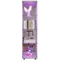 Vitrine en verre, LED, miroir arrière, 4 couches, 1 porte, 42x36x164cm, salon, chambre à coucher, bureau, Blanc