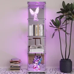 Vitrine en verre, LED, miroir arrière, 4 couches, 1 porte, 42x36x164cm, salon, chambre à coucher, bureau, Blanc