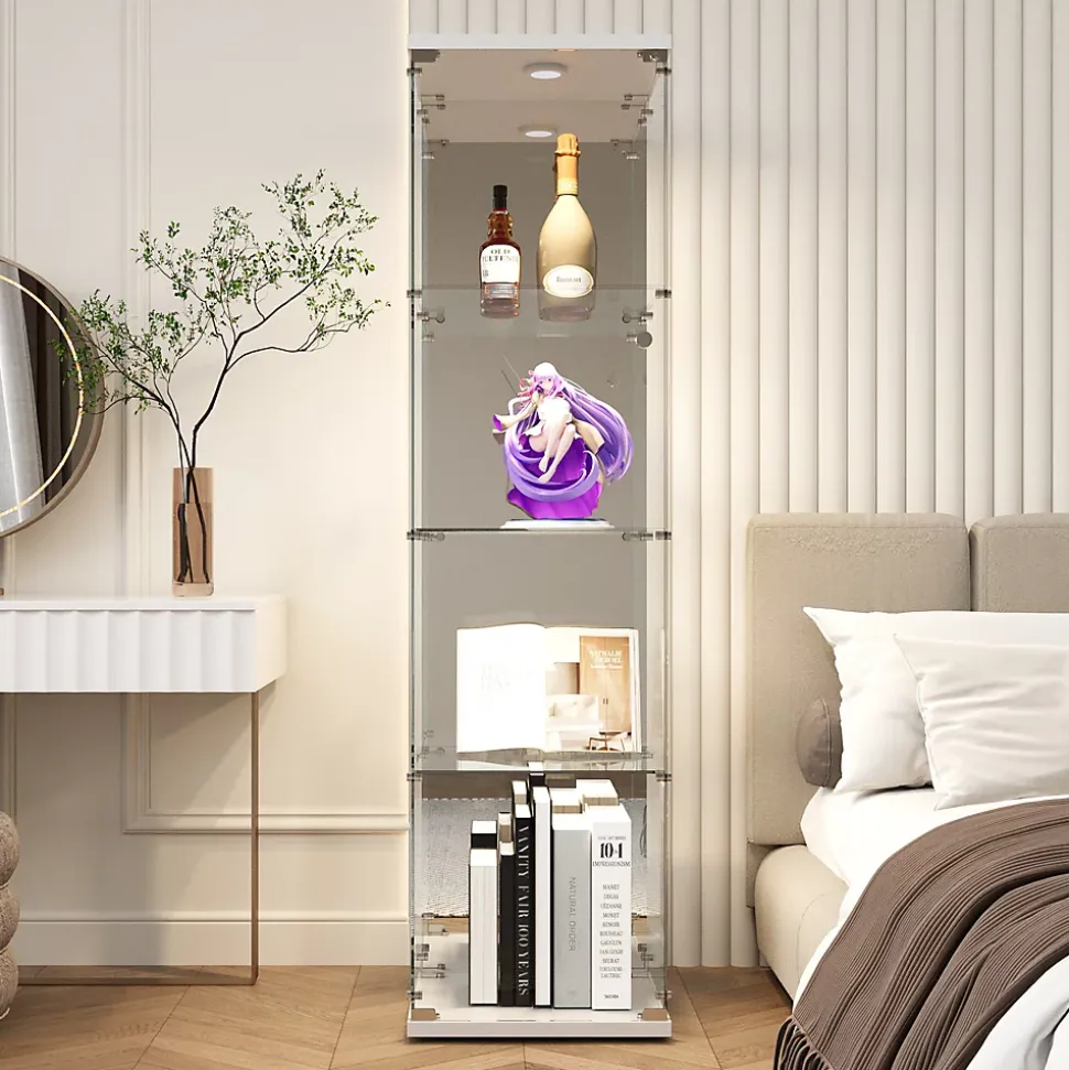 Vitrine en verre, LED, miroir arrière, 4 couches, 1 porte, 42x36x164cm, salon, chambre à coucher, bureau, Blanc