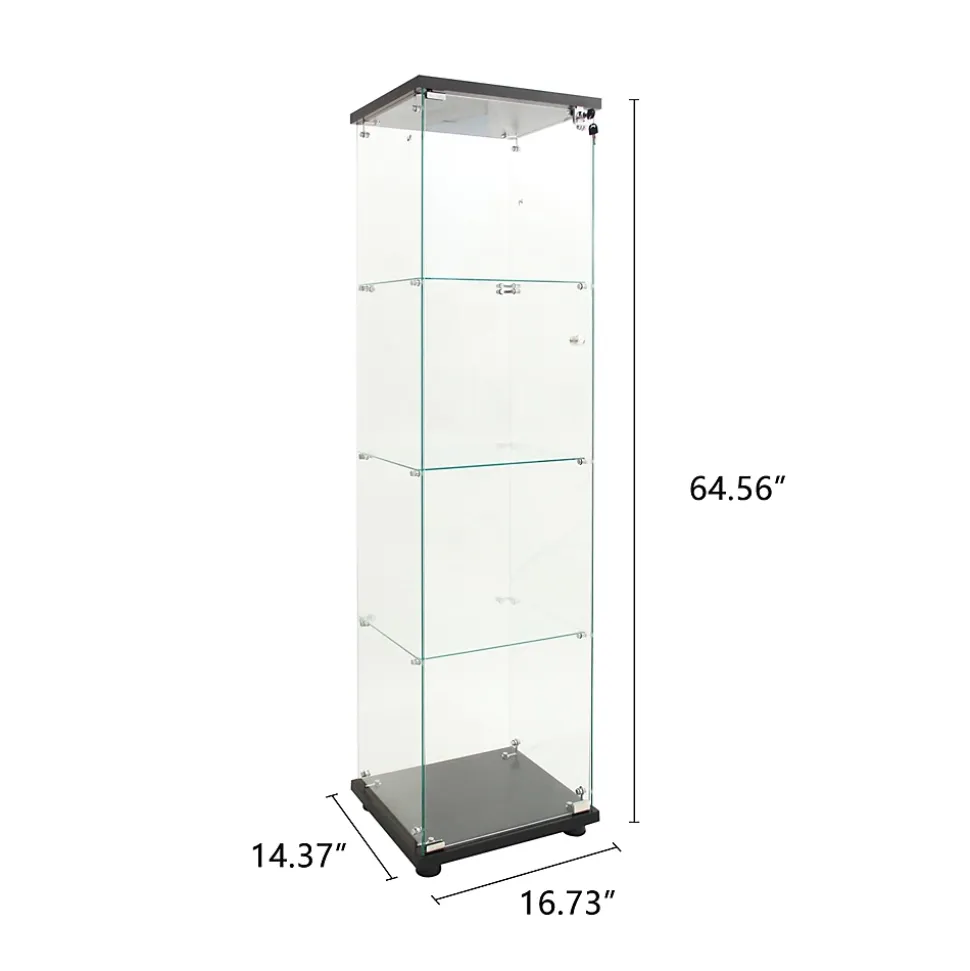 Vitrine en verre noire 4 étagères avec LED, porte et pieds réglables, Meuble d'exposition pour salon, chambre ou bureau