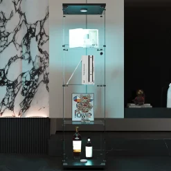 Vitrine en verre noire 4 étagères avec LED, porte et pieds réglables, Meuble d'exposition pour salon, chambre ou bureau