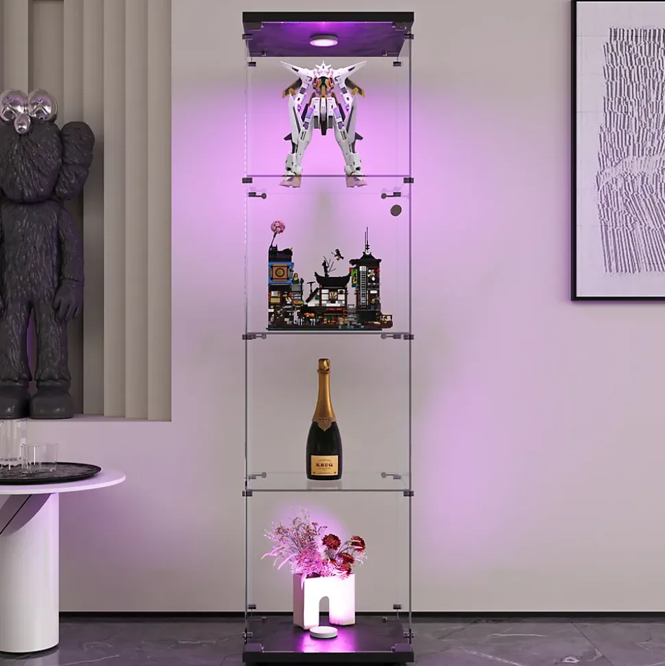 Vitrine en verre noire 4 étagères avec LED, porte et pieds réglables, Meuble d'exposition pour salon, chambre ou bureau