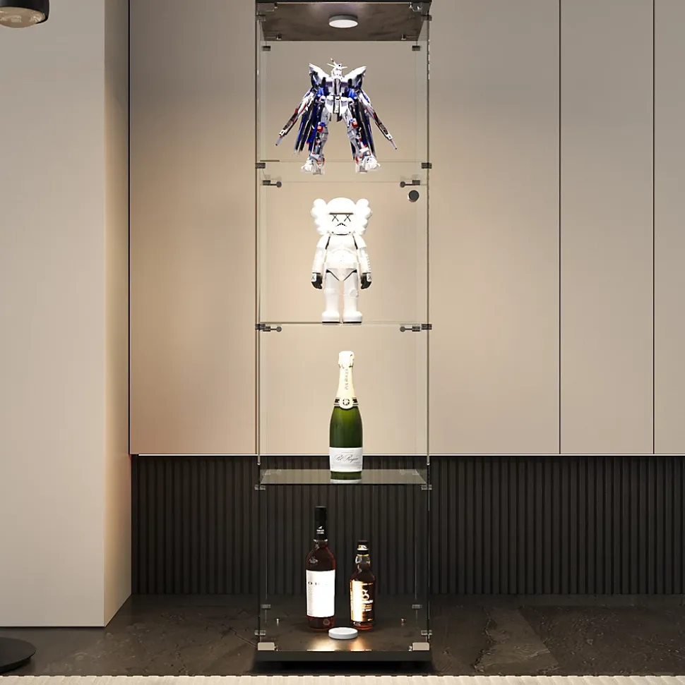 Vitrine en verre noire 4 étagères avec LED, porte et pieds réglables, Meuble d'exposition pour salon, chambre ou bureau