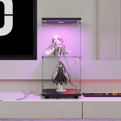 Vitrine en verre trempé à 2 niveaux avec porte, structure en métal noir et éclairage LED intégré, Design moderne et élégant