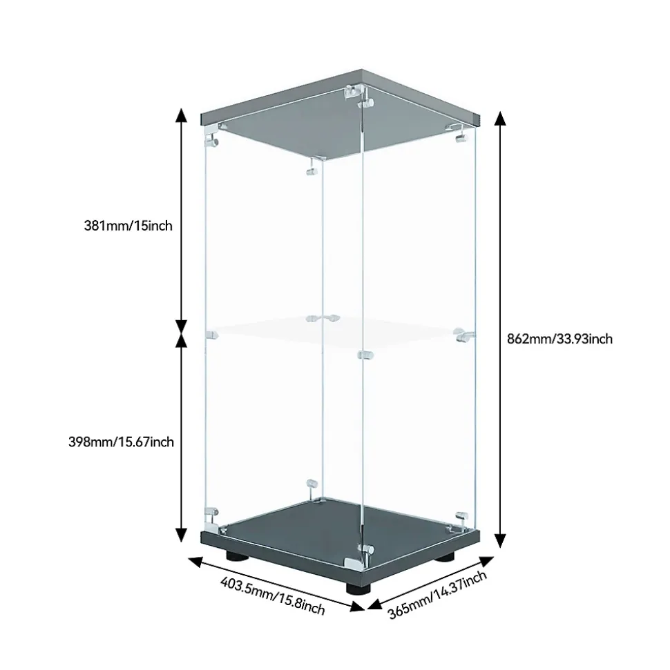 Vitrine en verre trempé à 2 niveaux avec porte, structure en métal noir et éclairage LED intégré, Design moderne et élégant