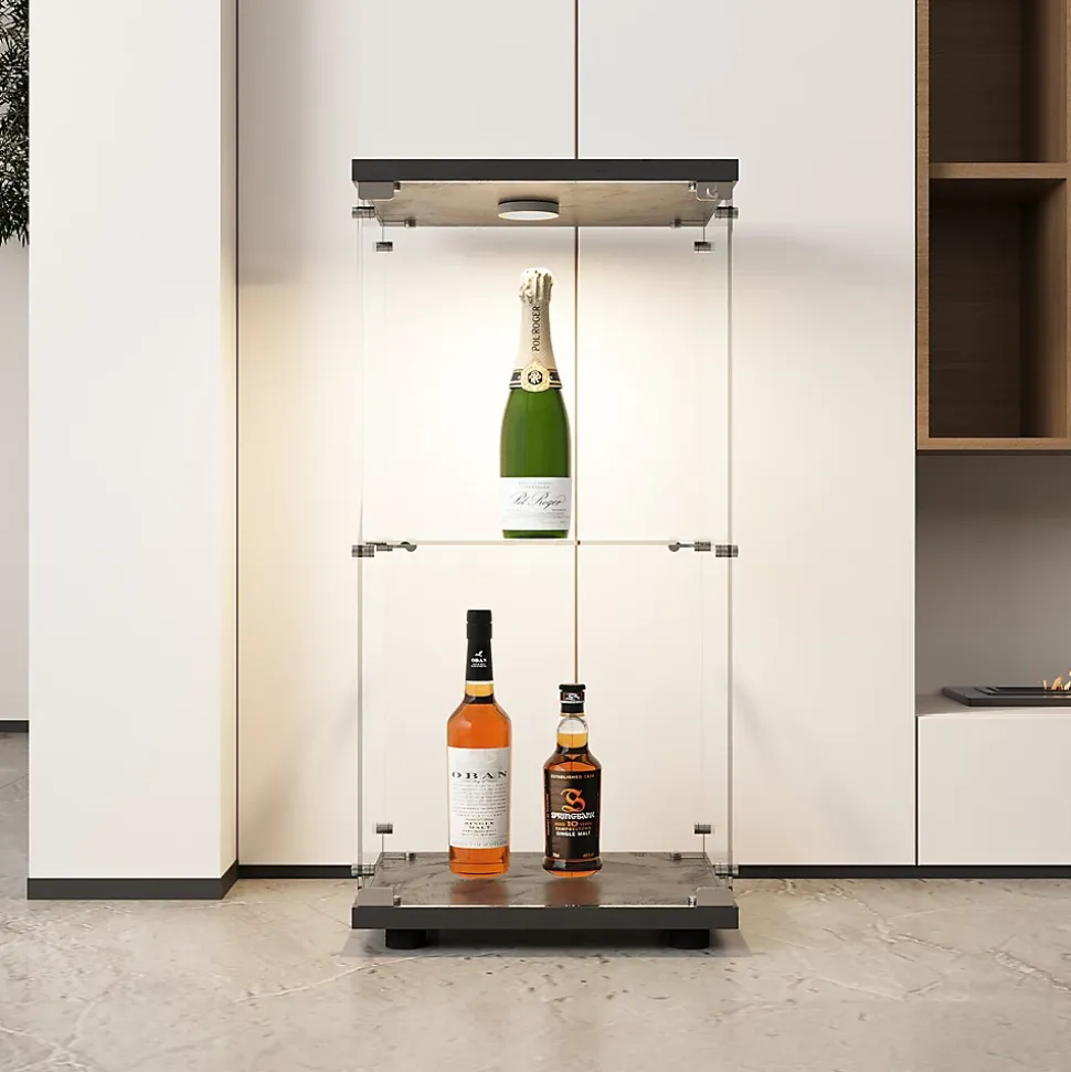 Vitrine en verre trempé à 2 niveaux avec porte, structure en métal noir et éclairage LED intégré, Design moderne et élégant