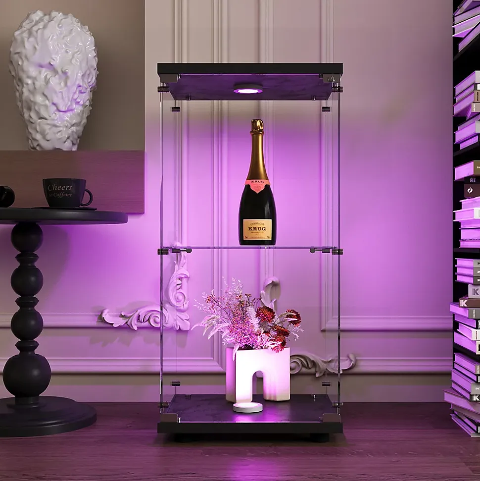 Vitrine en verre trempé à 2 niveaux avec porte, structure en métal noir et éclairage LED intégré, Design moderne et élégant