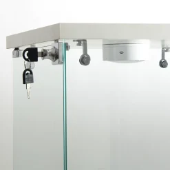 Vitrine en verre trempé à 2 niveaux avec porte, structure en métal blanc et éclairage LED intégré, Design moderne et élégant