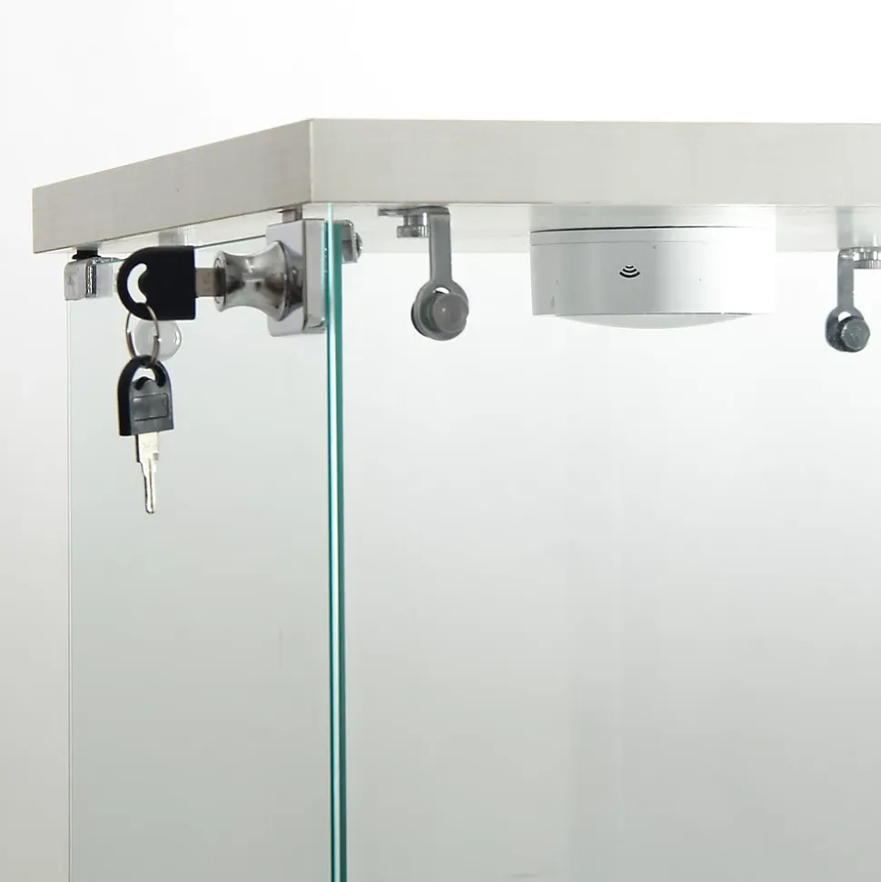 Vitrine en verre trempé à 2 niveaux avec porte, structure en métal blanc et éclairage LED intégré, Design moderne et élégant