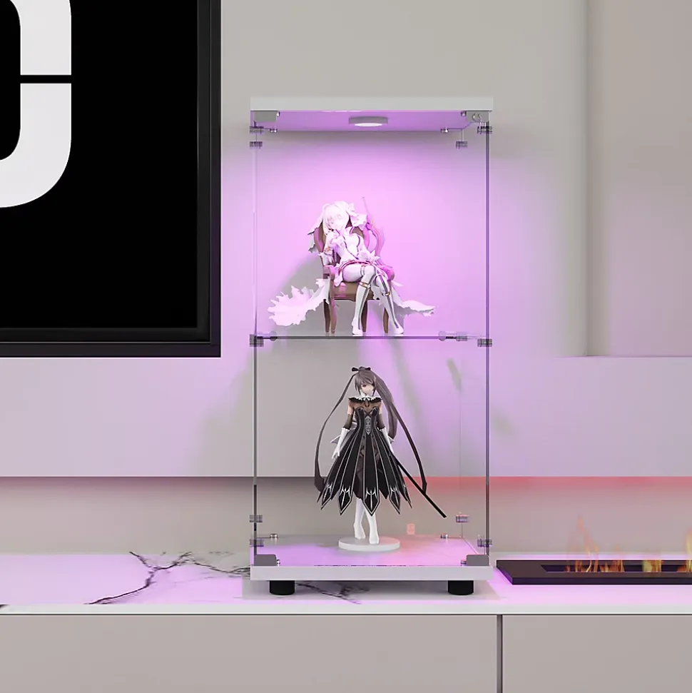 Vitrine en verre trempé à 2 niveaux avec porte, structure en métal blanc et éclairage LED intégré, Design moderne et élégant