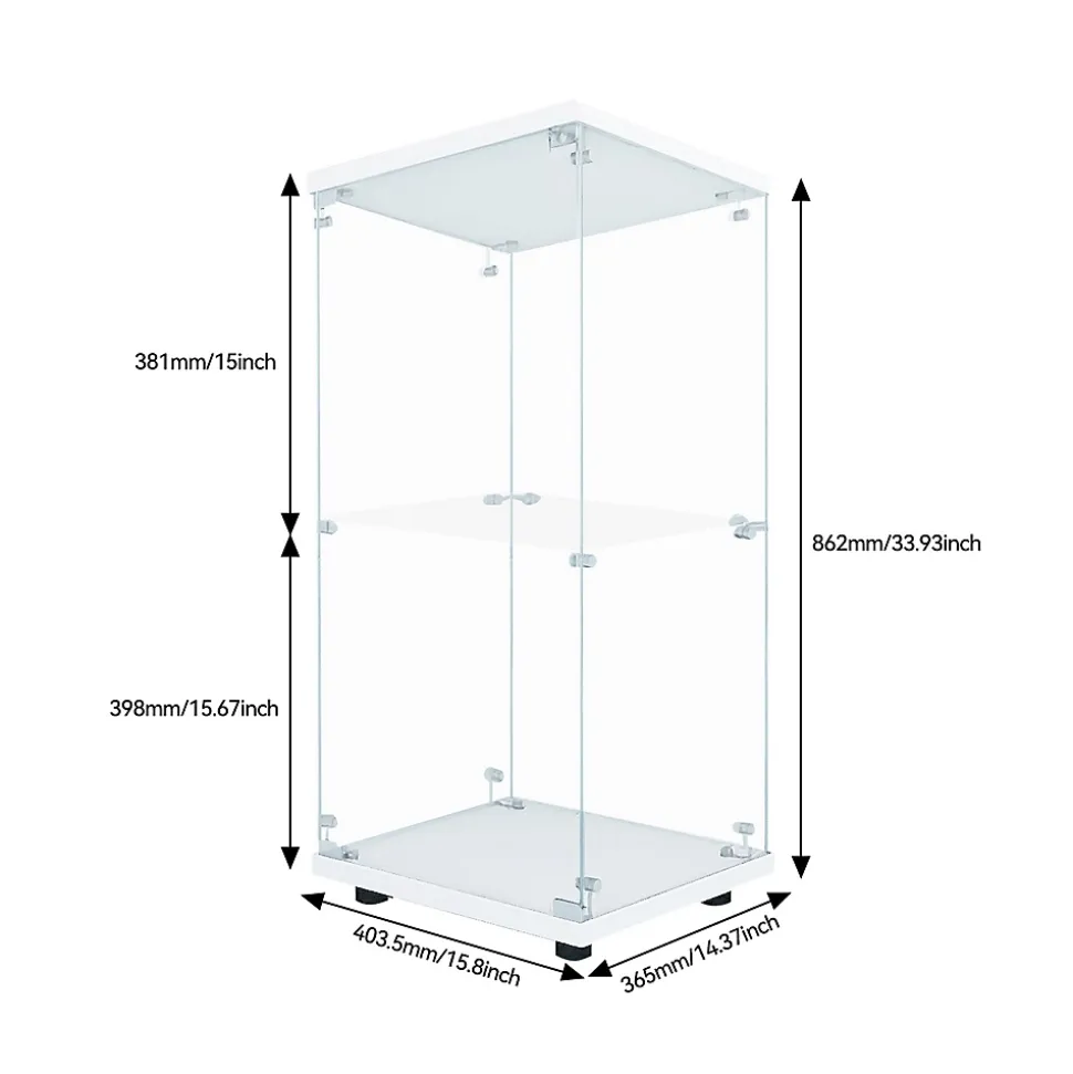Vitrine en verre trempé à 2 niveaux avec porte, structure en métal blanc et éclairage LED intégré, Design moderne et élégant